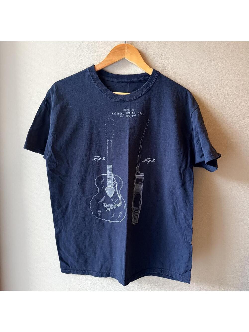 Vintage Style Guitar Patent Blueprint Graphic Tee Navy